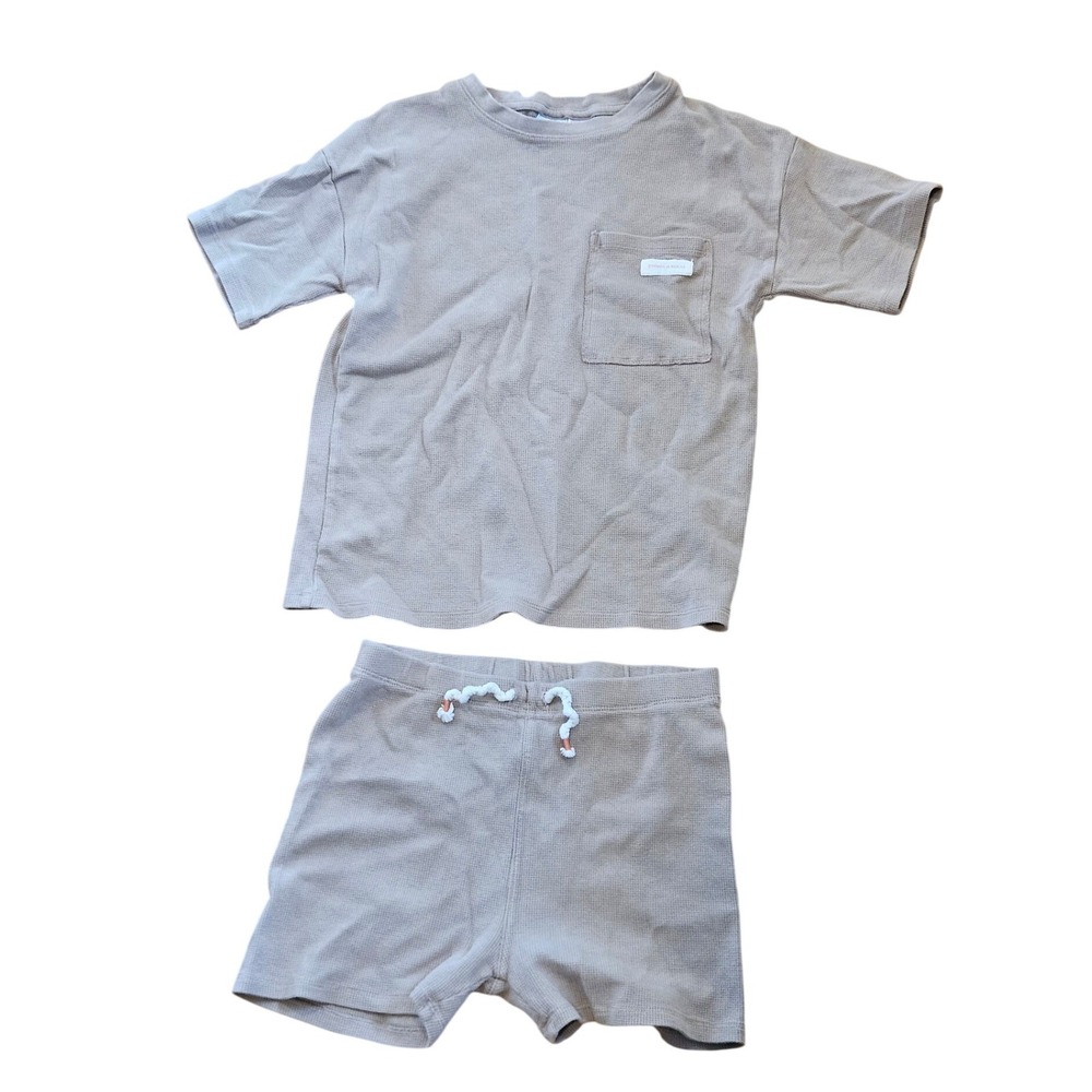 Zara Kids Tan Waffle Knit 2 Piece Set Shirt and Shorts Size 11-12 100% cotton
